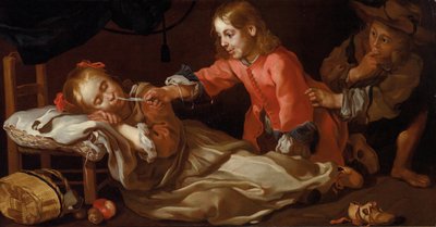 Sleeping girl with two children playing (Allegory of sense of touch) by Bernhard Keil
